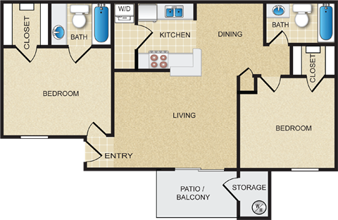 Floor plan for 2 beds, 2 baths, 885 sqft